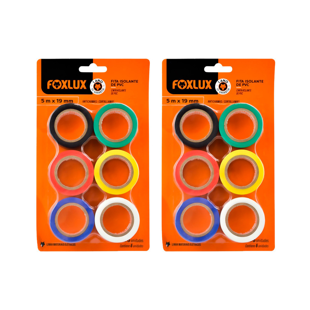 Kit 12 Fita Isolante Antichamas PVC Foxlux 5mx19mm Colorida | resistência ao fogo