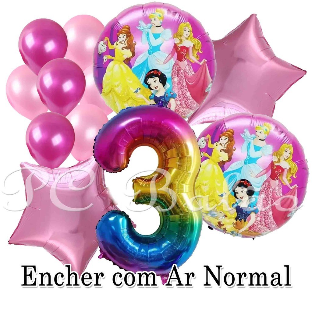 Kit 12 Balão Metalizado 2 PRINCESAS REDONDO + 7 Bexiga + N° 70cm COLORIDO + 2 Estrela ROSA CLARO em Oferta na Shopee