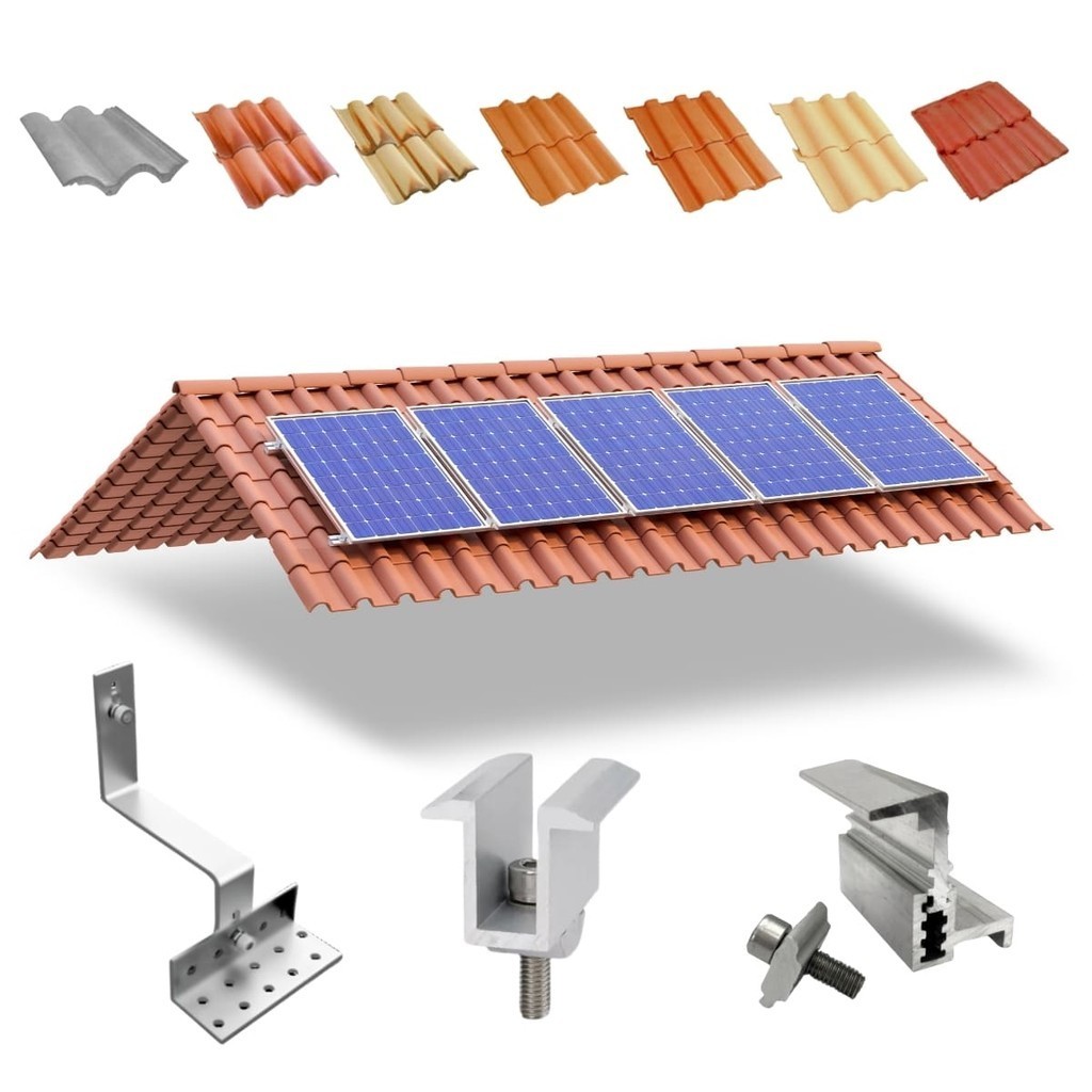 Kit Estrutura Suporte Fixador Linha C Para 05 Placas Solar Alumínio e Inox Telha Cerâmica e Cimento