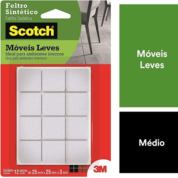 Feltro Adesivo Cadeira Sofa Quadrado M 25MM com 12 SCOTCH 3M - Home & Living