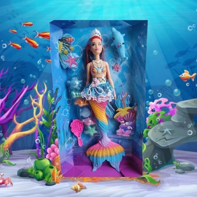 Boneca Brinquedo de Sereia Princesa com Luz Led e Som Musica com Cauda Arco Iris