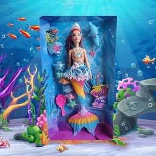 Boneca Brinquedo de Sereia Princesa com Luz Led e Som Musica com Cauda Arco Iris