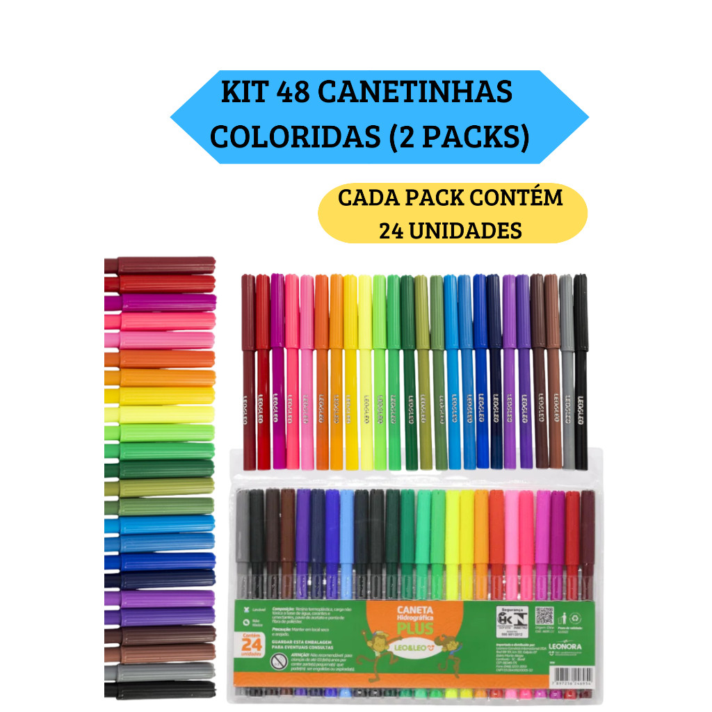 Kit 2 Packs (48 Unidades) de Caneta Canetinha Hidrográfica Hidrocor Com 24 Cores Leo&Leo