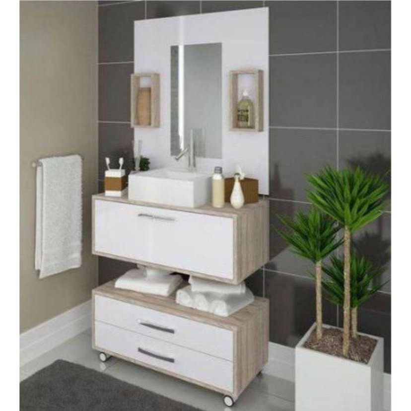 Gabinete Para Banheiro 80cm Com Cuba Painel Balcão Nichos - Home & Living