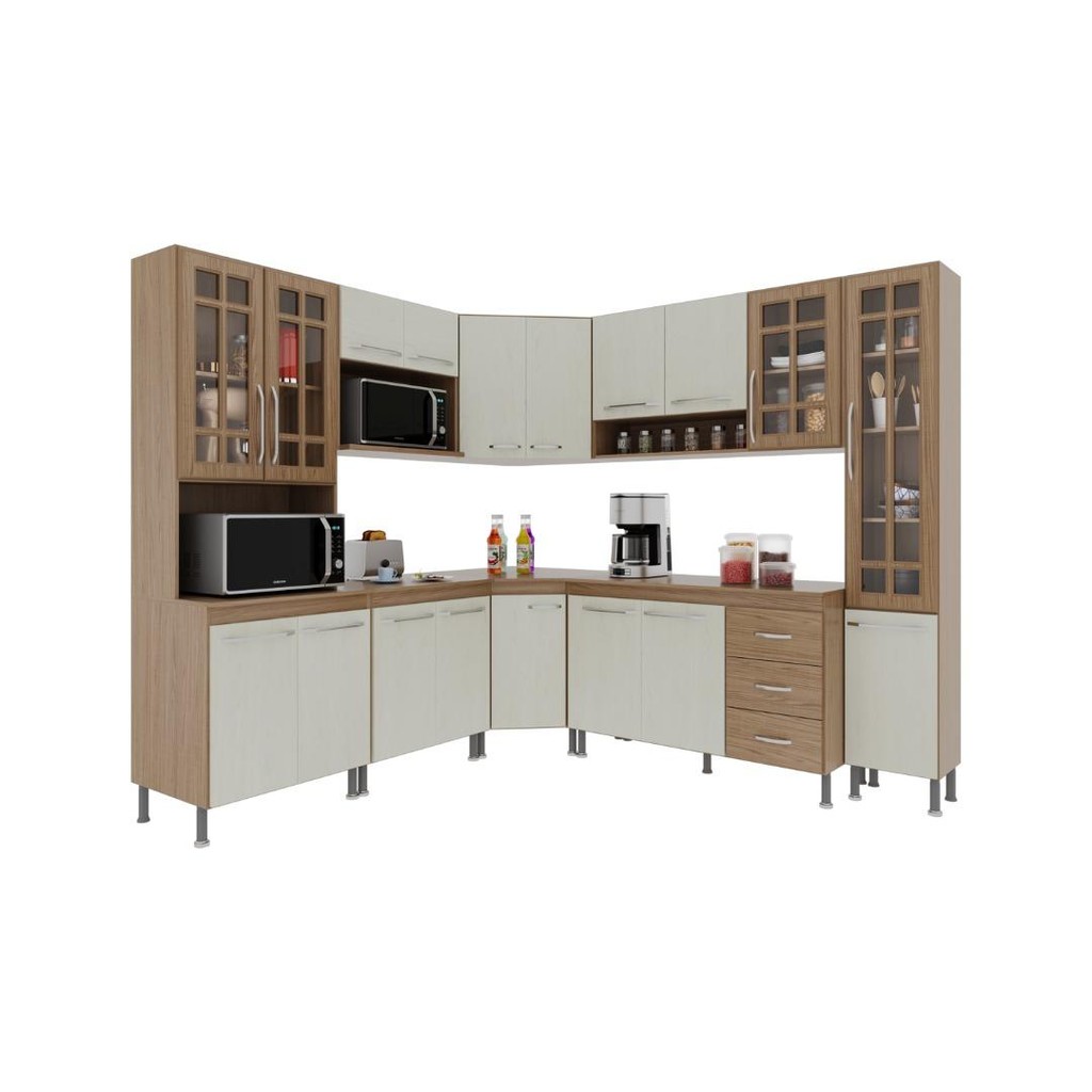 Detalhes do Cozinha Modulada Completa Fidelitá Paris 8 Peças 445cm 18 Portas 3 Gavetas Com Tampo Nogal/Salinas