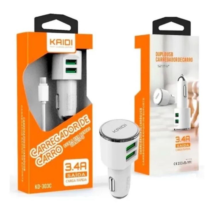 Carregador Veicular Super Rápido KAIDI 3.4a Android Iphone Cabo Type-C / Micro USB V8 / Lightning