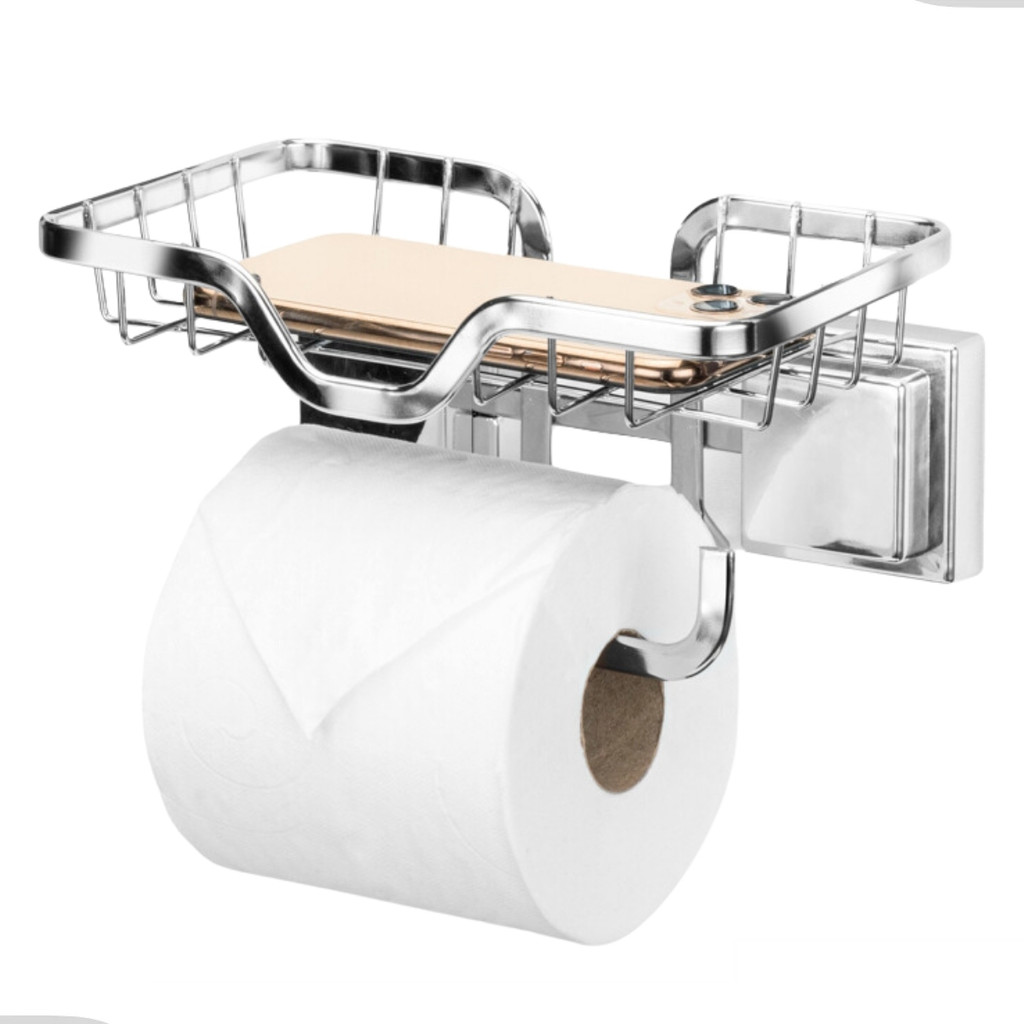 Porta Papel Higiênico Suporte Celular Parede Banheiro Lavabo S/ Furo Fita3m Luxo Cromado Arthi em Oferta na Shopee