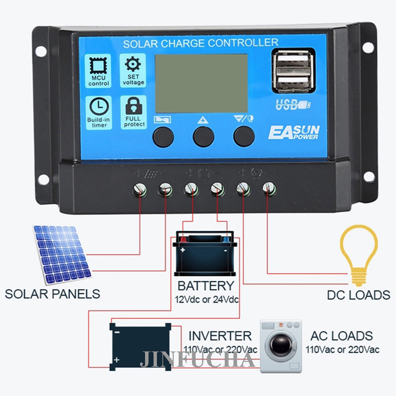 Jinfucha 60A PWM 12/24V Painel Solar Regulador Controlador De Carga Display LCD Carregador De Bateria USB