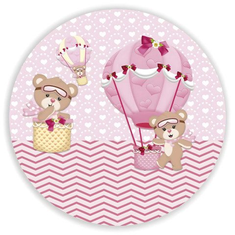 NOVO Painel Festa Infantil Redondo Ursinhas Baloeiras, Balão com Corações rosa, fundo geométrico  + Arco, Suporte incluso. Fazemos personalizado com qualquer tema. Confeccionado em Lona fosca, impressão de alta resolução. cenário , p/ Decoração