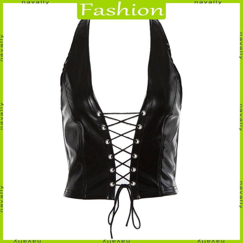 nava Punk Mangas Crop Decote V Backless Oco Colete Couro Cruzado Lace-Up Parte em Oferta na Shopee