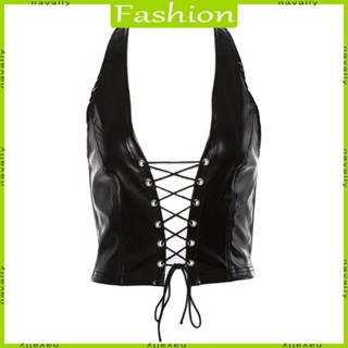 nava Punk Mangas Crop Decote V Backless Oco Colete Couro Cruzado Lace-Up Parte em Oferta na Shopee