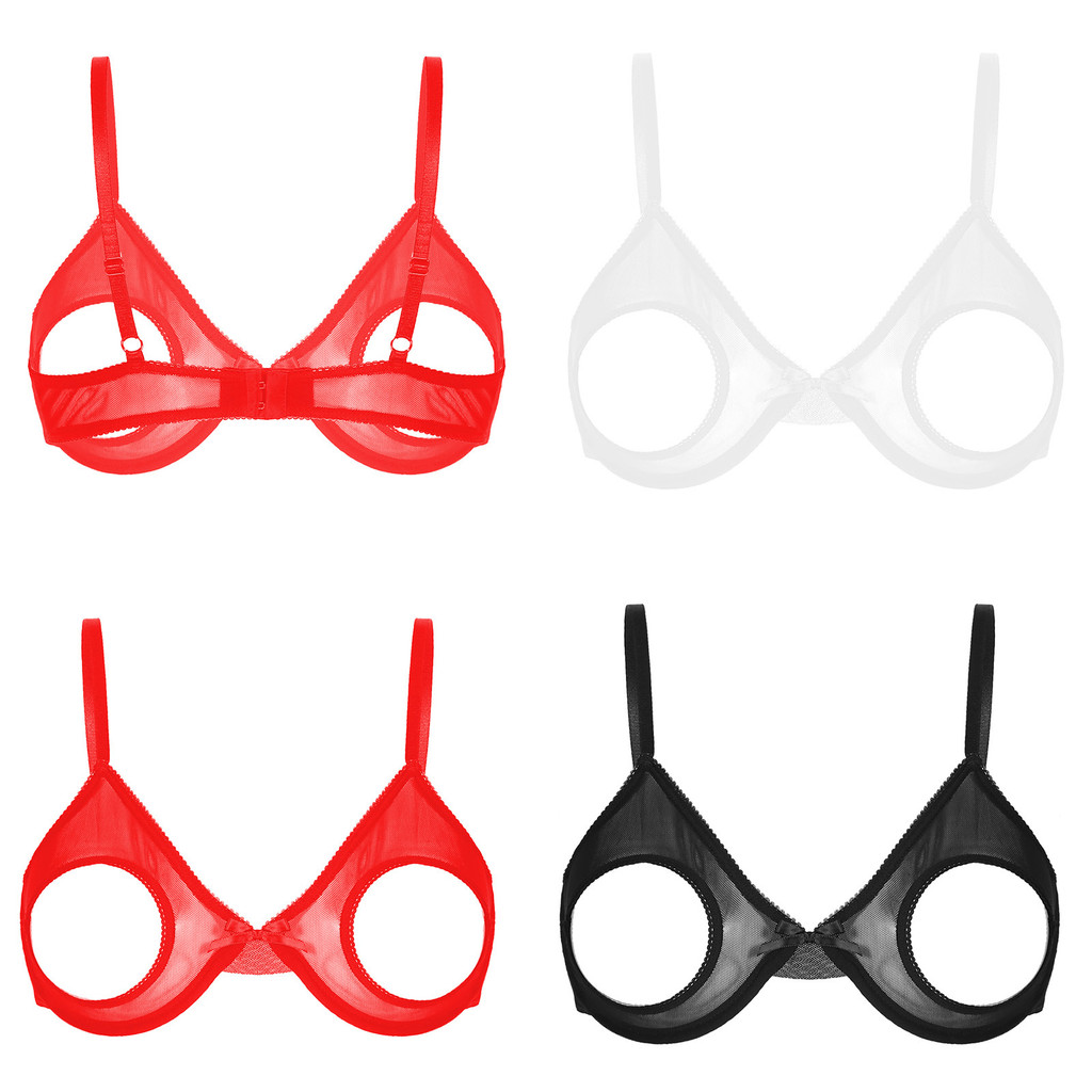 mm-YOOJOO Sutiã Feminino Vazado Com Copos Abertos E Alças Ajustáveis De Malha Transparente