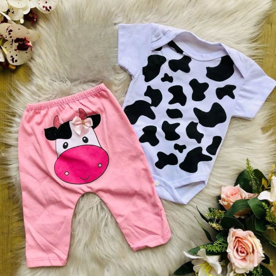 Conjunto Bebe Menina Primavera/Outono 3 a 6 Meses Vaquinha Ursinho Animal Print Calça Body