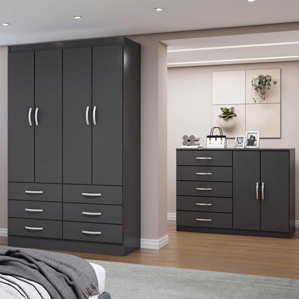 Guarda-Roupa Solteiro Max 4 Portas 6 Gavetas com Cômoda 2 Portas 5 Gavetas Preto - Panorama Móveis em Oferta na Shopee