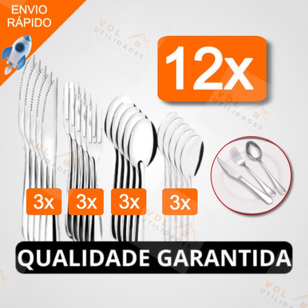 Conjuto Jogo de Talheres 12 peças Aço Inox Facas Garfos Colheres de Mesa e Colheres de Sobremesa Casa Restaurante