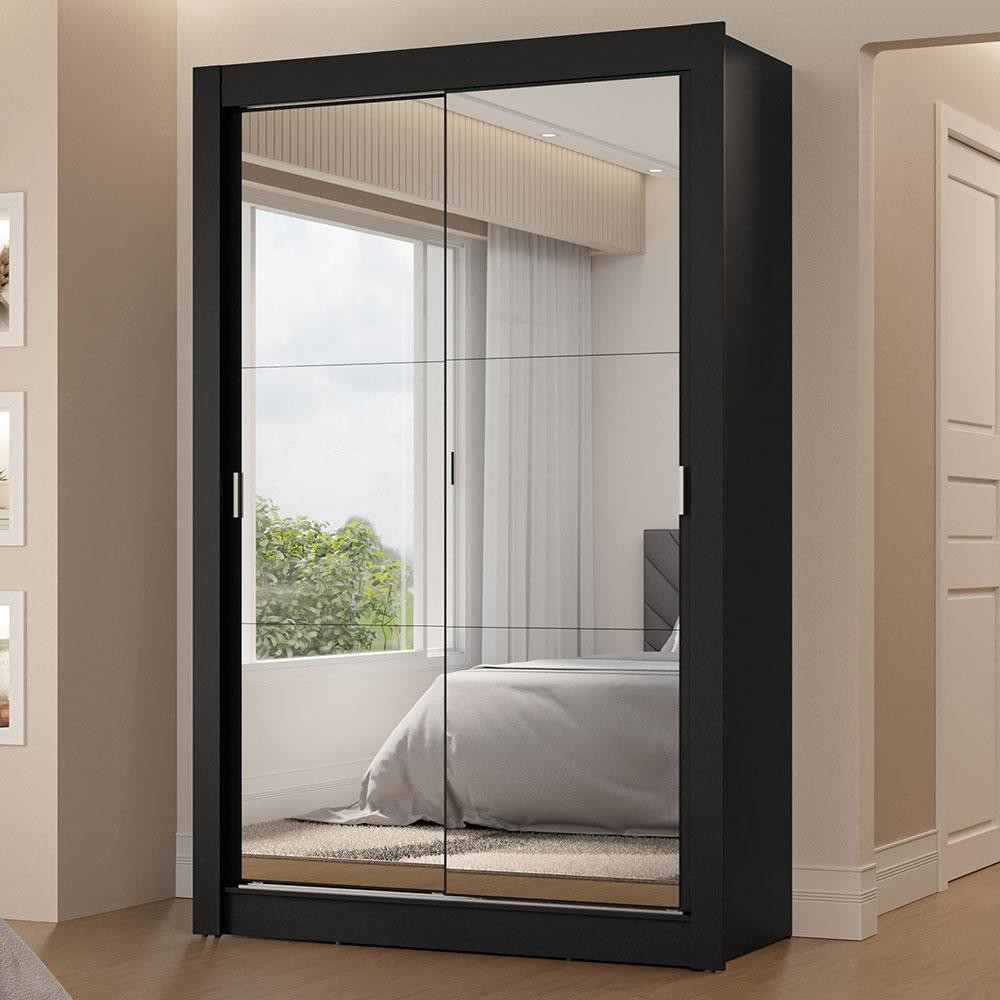Guarda-Roupa Solteiro 2 Portas de Correr com Espelhos 2 Gavetas Preto Vivare Madesa em Oferta na Shopee