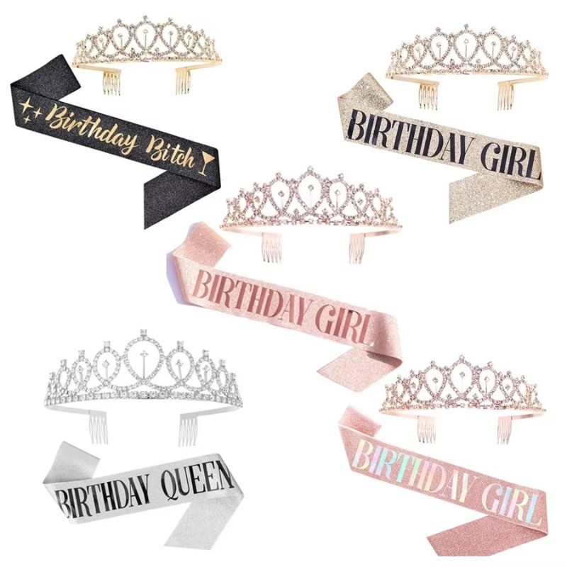 Novo Best-Seller Bling Strass Cristal Coroa Tiara Aniversário Decoração Mais Vendido Feliz Cetim Faixa Fontes De Festa