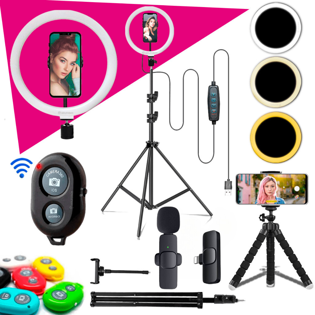 Kit Youtuber Com Tripe 2.10 Iluminador Ring Light Celular Microfone Lapela Sem Fio Android ou IPhone em Oferta na Shopee
