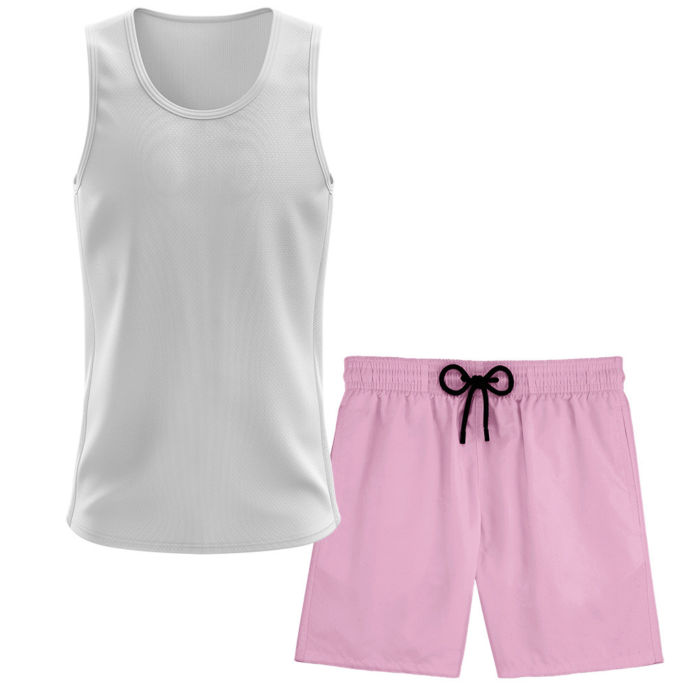 Kit Short Praia Academia Passeio Treino Rosa + Regata Masculina Lisa Básica Dry
