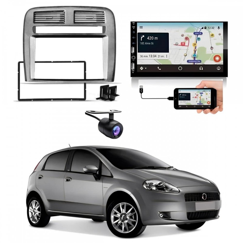 Central Multimídia Carplay Android Fiat Punto Moldura + Câmera Grafite
