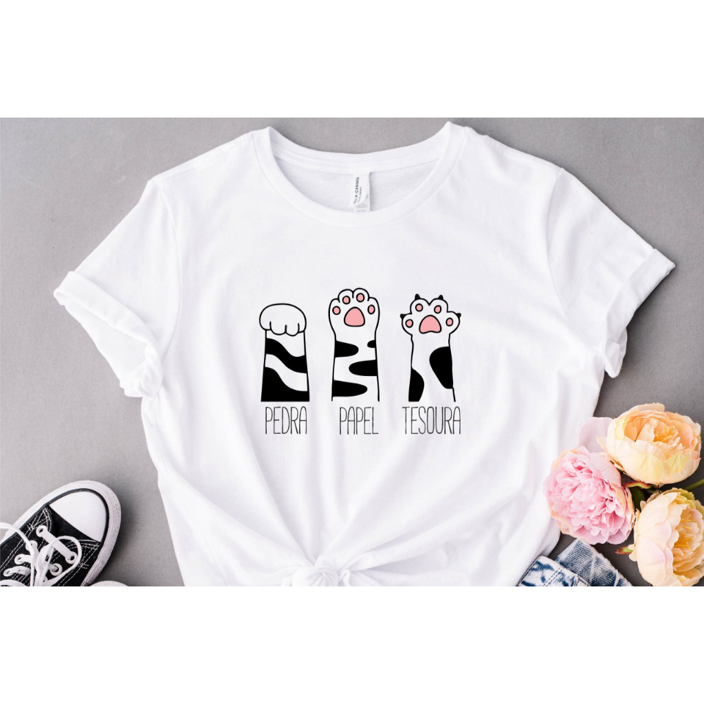 Camiseta Feminina Gato Pedra Papel Tesoura 100% Algodão Premium Cute Aesthetic Viral TikTok 🐱✨