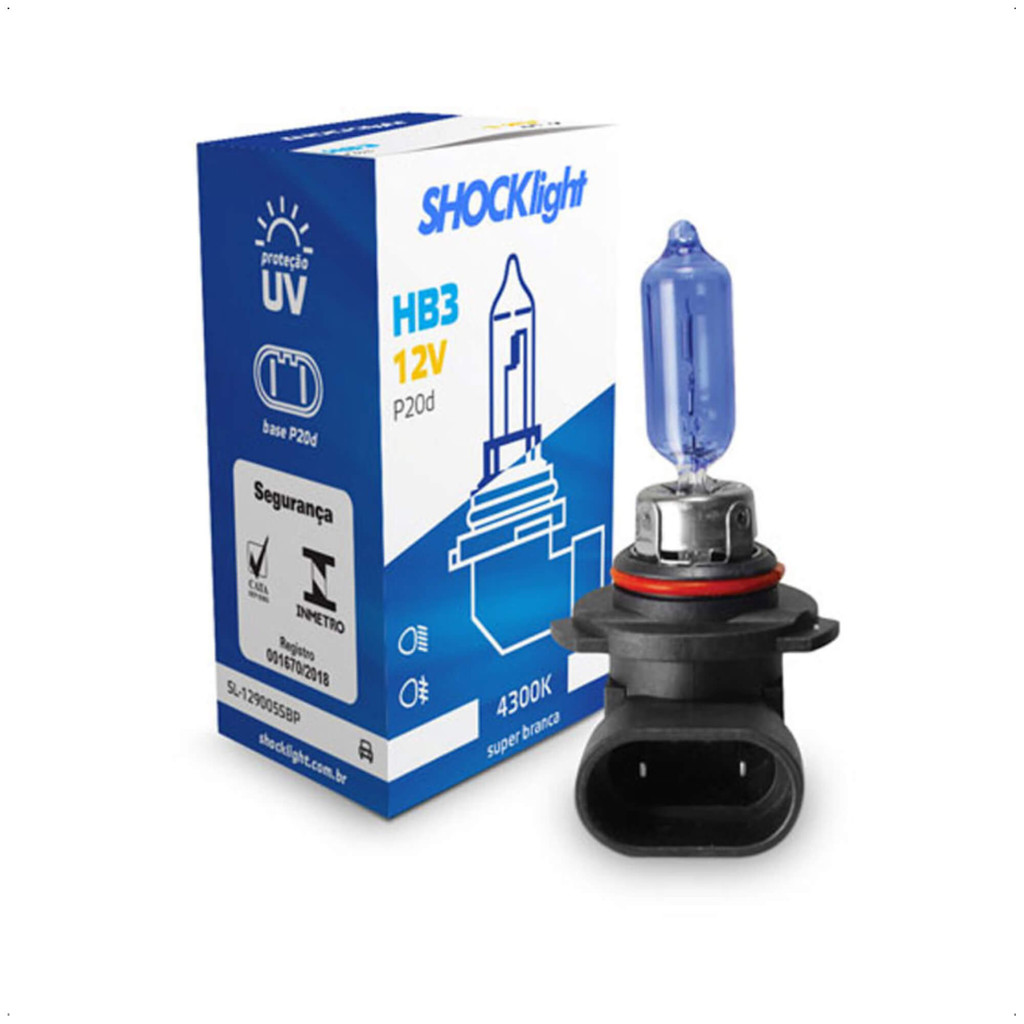 Lâmpada Halógena Super Branca HB3 4300K 12V 60W P20D 1650 Lumens Shocklight - SL-129005SBP em Oferta na Shopee