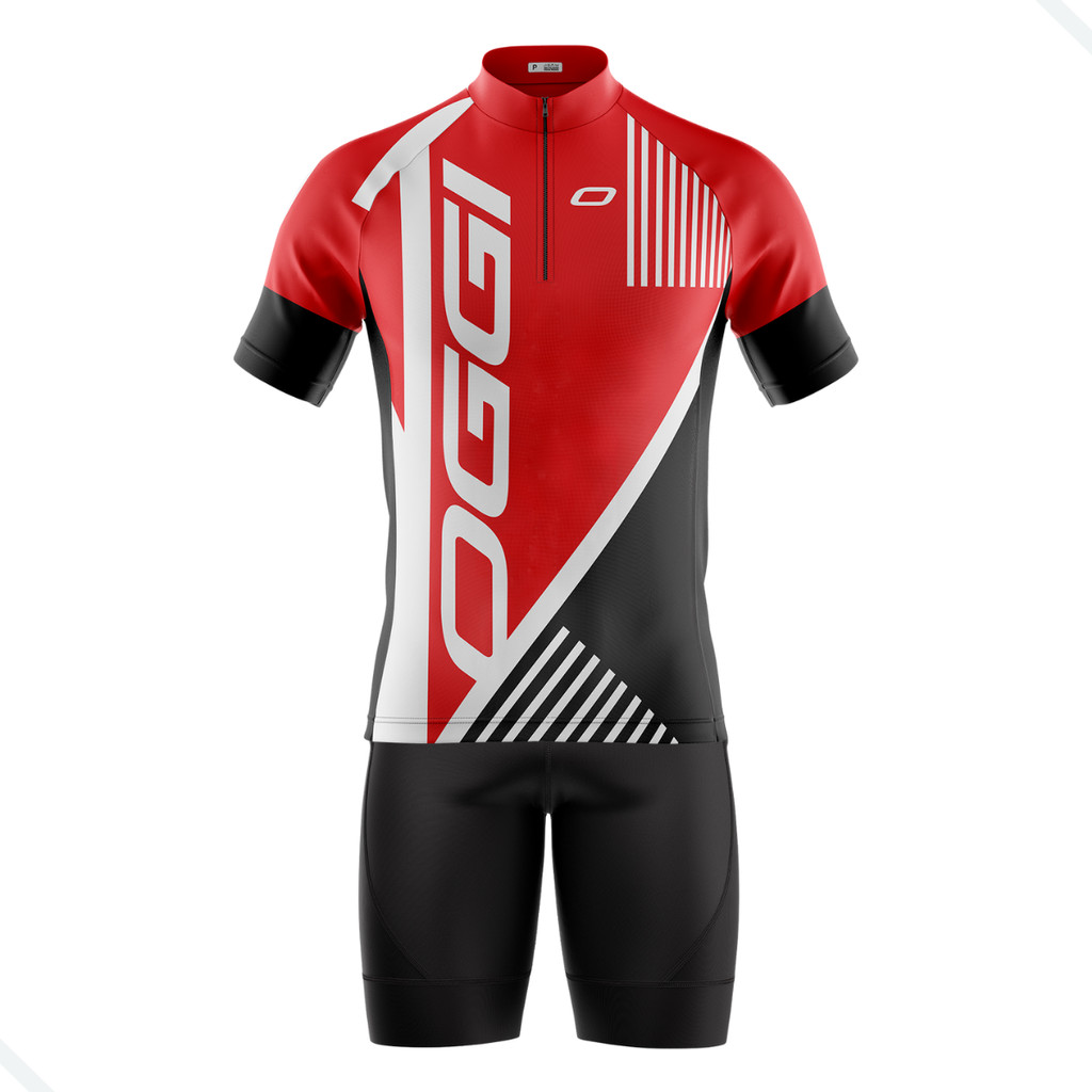 CONJUNTO CICLISMO MASCULINO BERMUDA E CAMISA OGGI VERMLHO COM BOLSOS UV50+