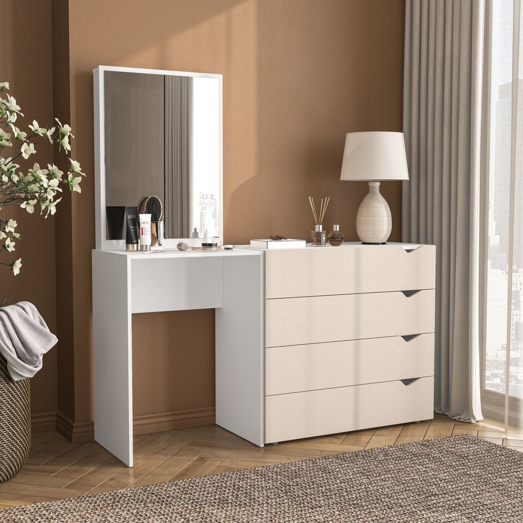 Cômoda Penteadeira 4 Gavetas com Espelho Porto Creme/Branco em Oferta na Shopee