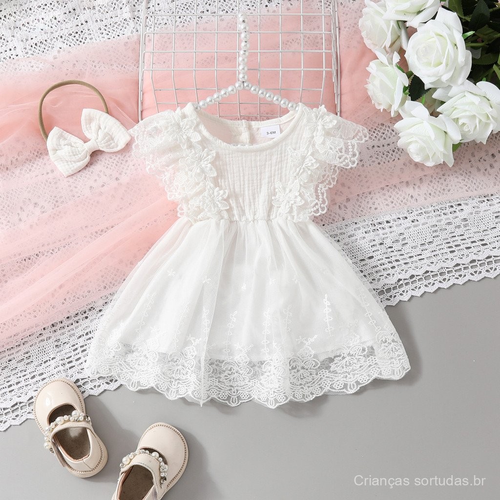 Vestido de Batizado para Meninas de 0-2 Anos, Vestido Branco Sem Mangas de Renda