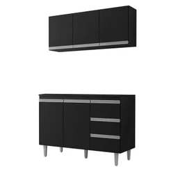 Balcão De Cozinha Com Tampo 120 Cm E Armário Aéreo Andréia Preto Fosco - Ajl