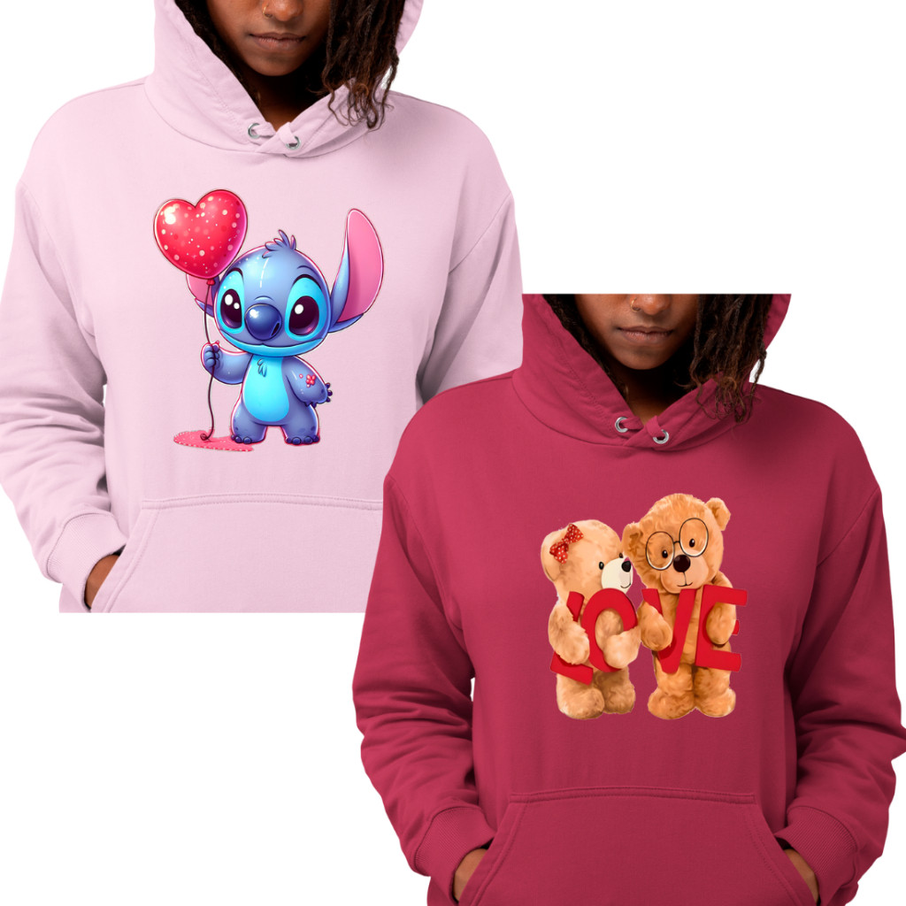 Kit 2 Blusa Moletom De Frio Estampa Lilo Stitch e Casal De Ursos Love 100% Algodão Cores Lindas
