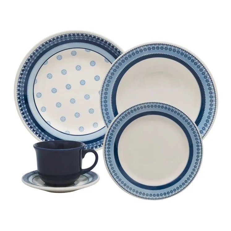 Aparelho de Jantar e Chá 20 Peças Biona Donna Cerâmica Branco e Azul - Usa em Micro-ondas e Lava-louças