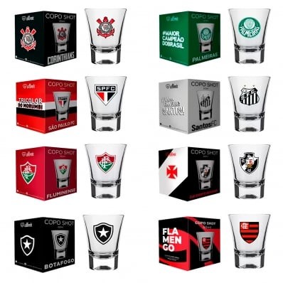 Mini Copo Dose Brasão do Time Kit Exclusivo Presente Timão Tricolor Mengo Brasil Flu Botafogo Verdão