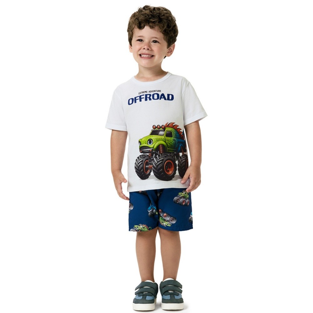 Conjunto Menino Kyly Camiseta Algodão com Estampa Carro Branco e Bermuda Microfibra Estampada com Carro Marinho
