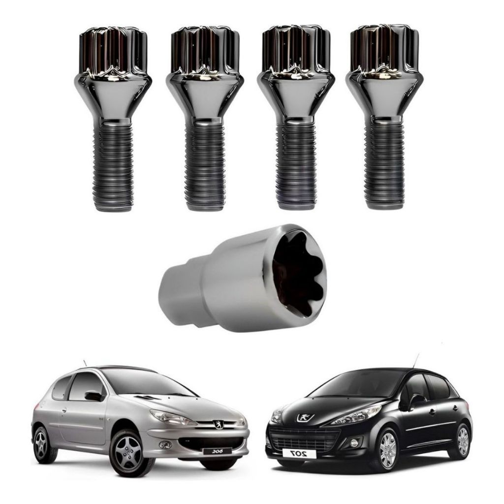04 Parafuso Roda + Chave Antifurto 12x1,25 Peugeot 206 207