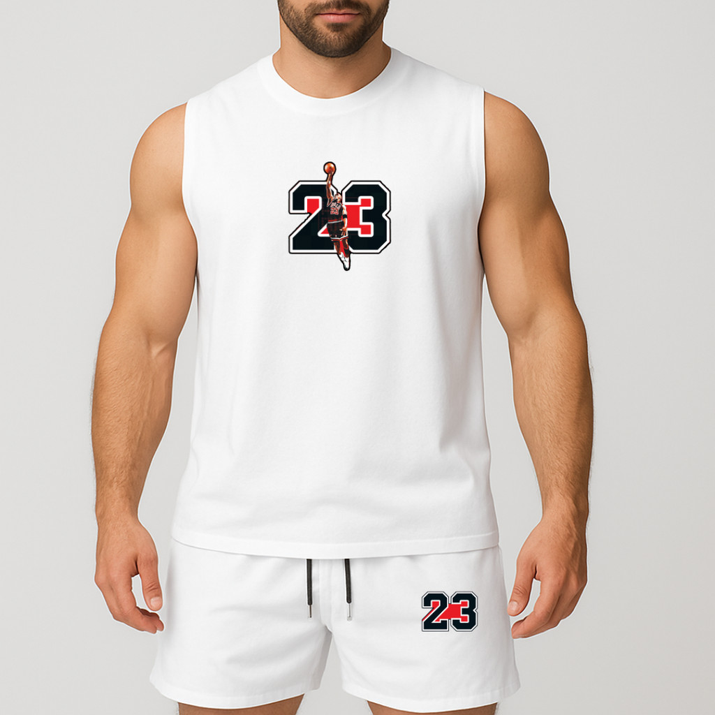 conjunto regata oversized e short de tactel de academia másculino estampada 23 jogador de basquete