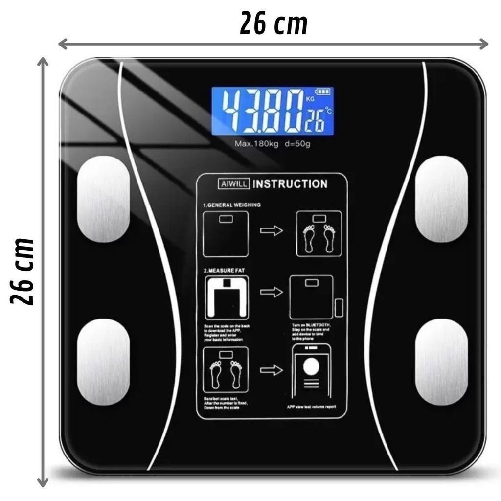 Balança Corporal Bioimpedância Profissional Bluetooth 180Kg Pilhas Inclusa Preto cor Branco USB Recarregável --VIVASOL