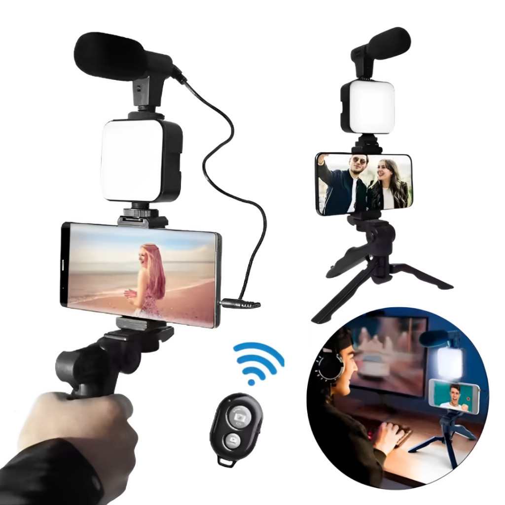 Kit de Filmagem e Video Maker Fotografia Luz Tripé + Iluminador + Microfone + Controle Bluetooth