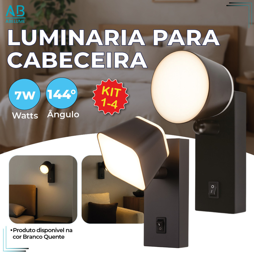 Luminária Arandela Spot para Cabeceira Led 7W Quadrada ou Redonda cor Preta Luz Quente Bivolt
