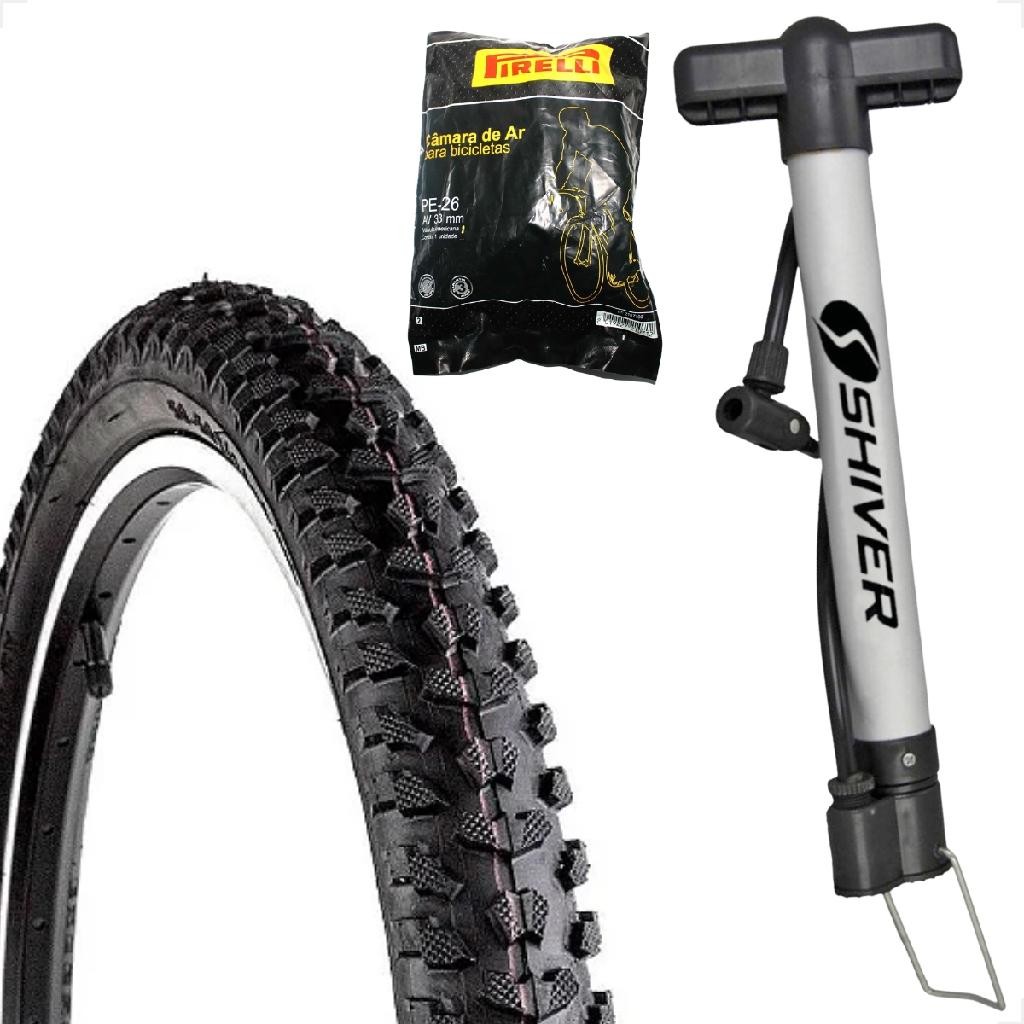 Pneu bicicleta Levorin Excess aro 26 x 1.95 banda leve Camara Pirelli bico grosso Brinde Bomba