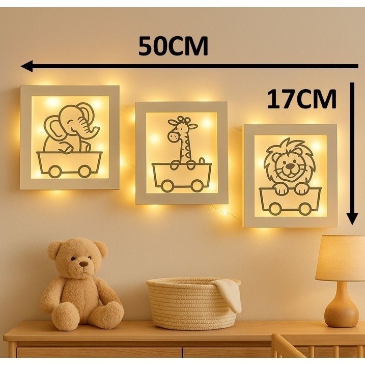 KIT COM 3  Luminárias Safari Baby MDF 50x17 de parede – Luz Suave e Design Divertido! em Oferta na Shopee