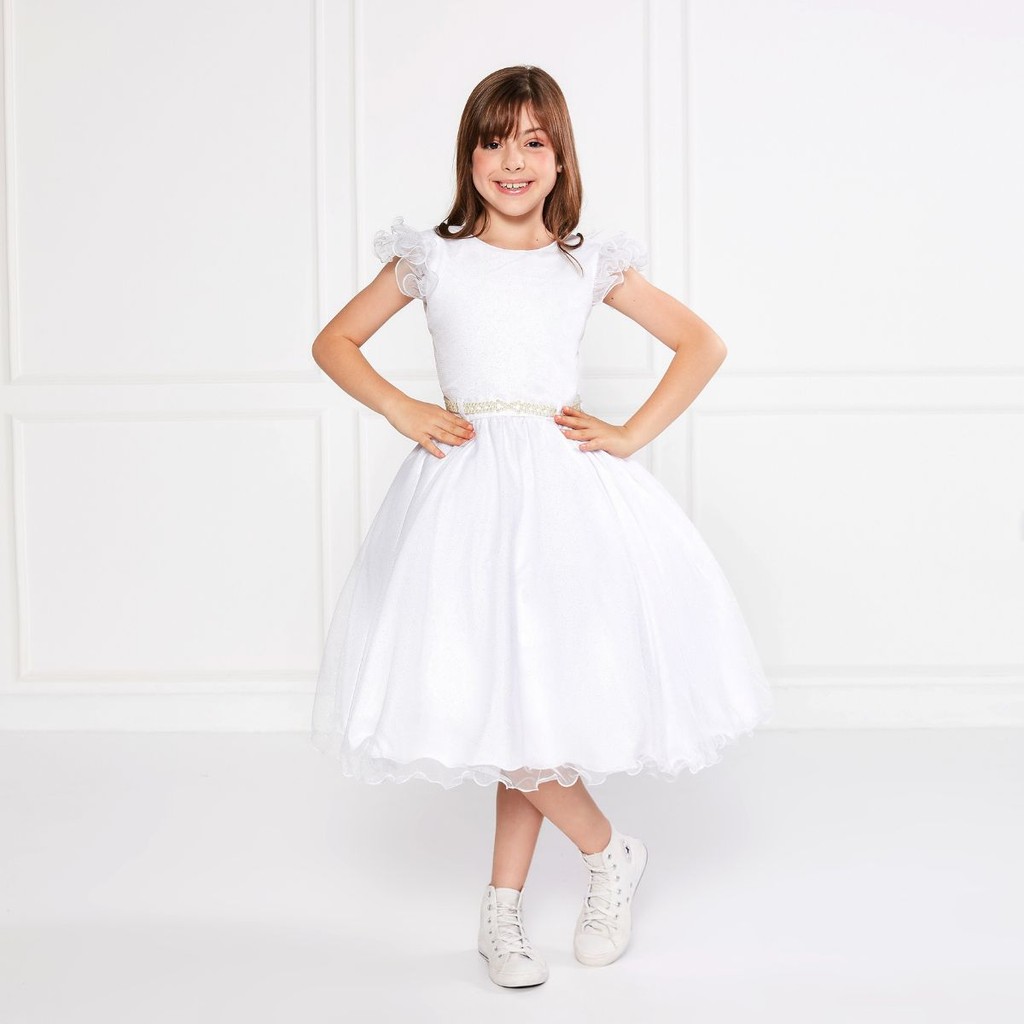 Vestido Glitter Branco Manga Godê De Festa Infantil Rodado em Oferta na Shopee
