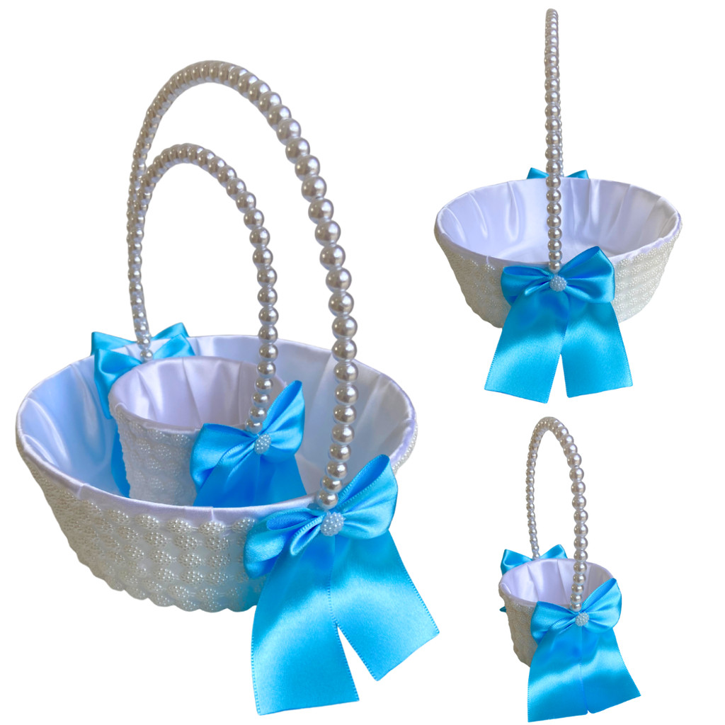 Cesta Daminha Florista + Cesta Alianças Azul Serenity Com Pérolas
