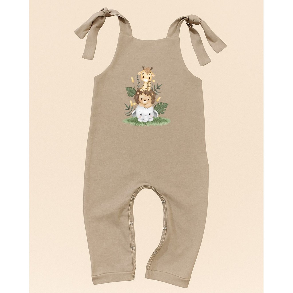 Jardineira Longa Estampada Algodão Bebê Safari  Minimalista Boho Personalizada Mesversário 1 Ano