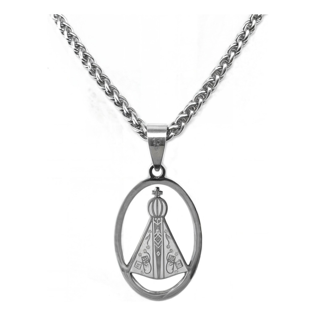 Corrente Masculina baiana  Trançada Pingente Oval Aparecida Aço Inox / dourado prata