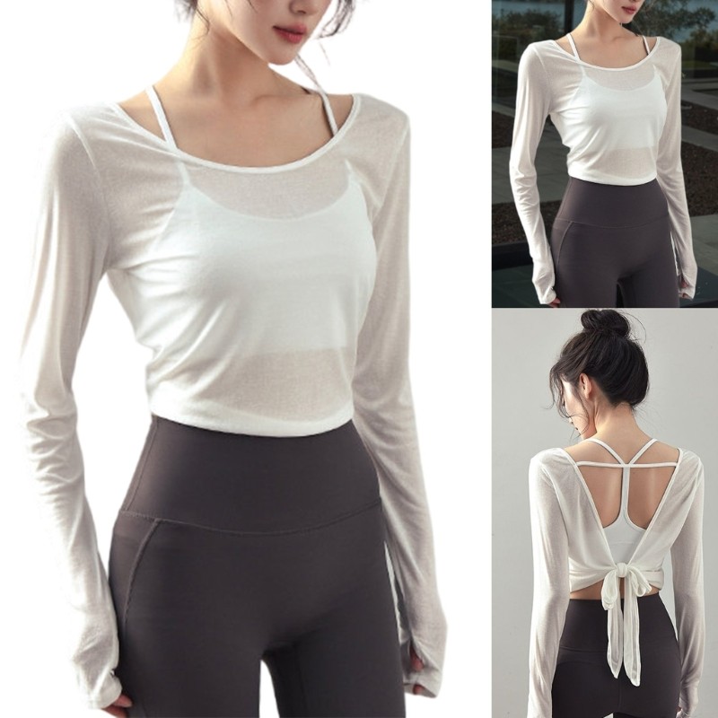CM Longa Yoga Crop Lace Up Open Back Design Tecido Respirável Camisa