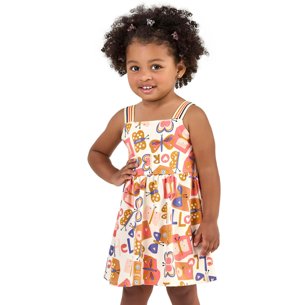 Vestido Infantil Menina Borboletas Elian Bege - Baby & Kids Fashion