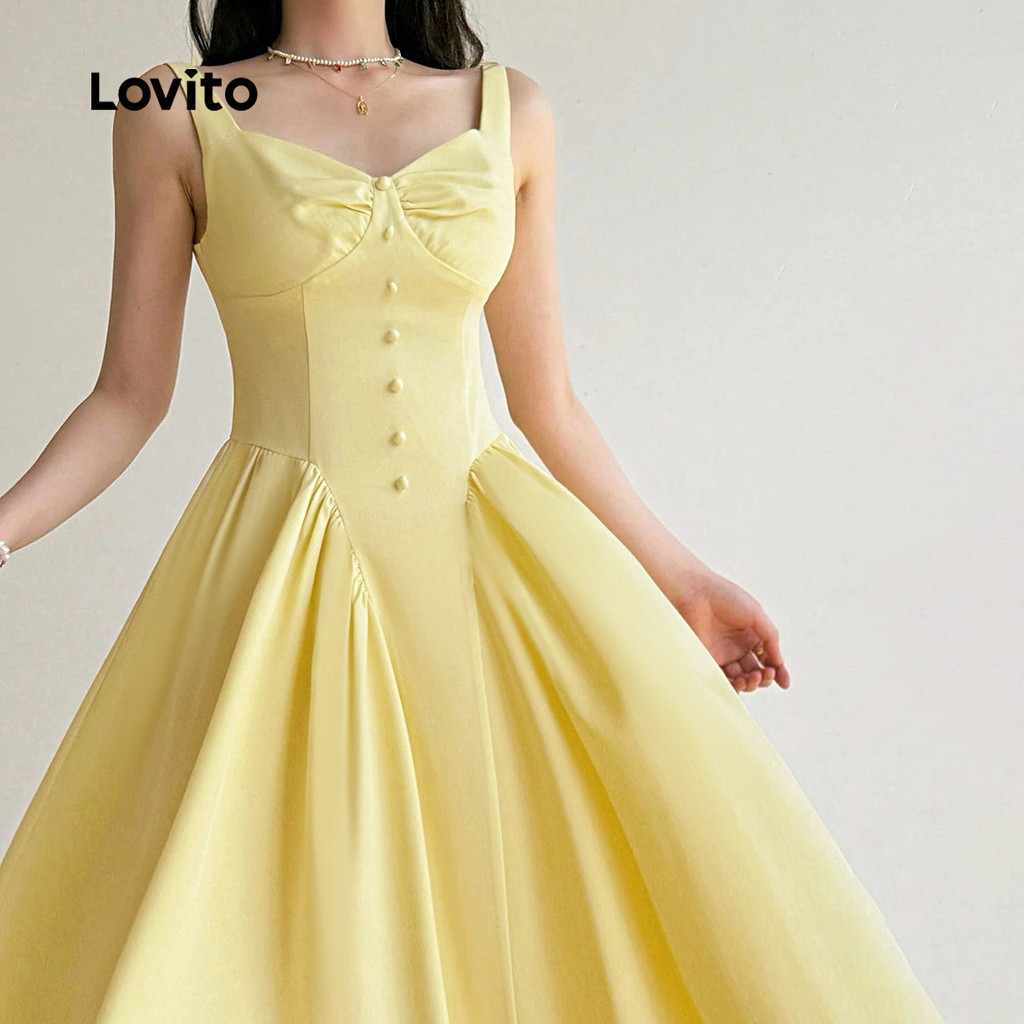 Detalhes do Lovito Refine Vestido Elegante com Botões e Babados Macio Confortável Amarelo Primavera Verão L137ED168