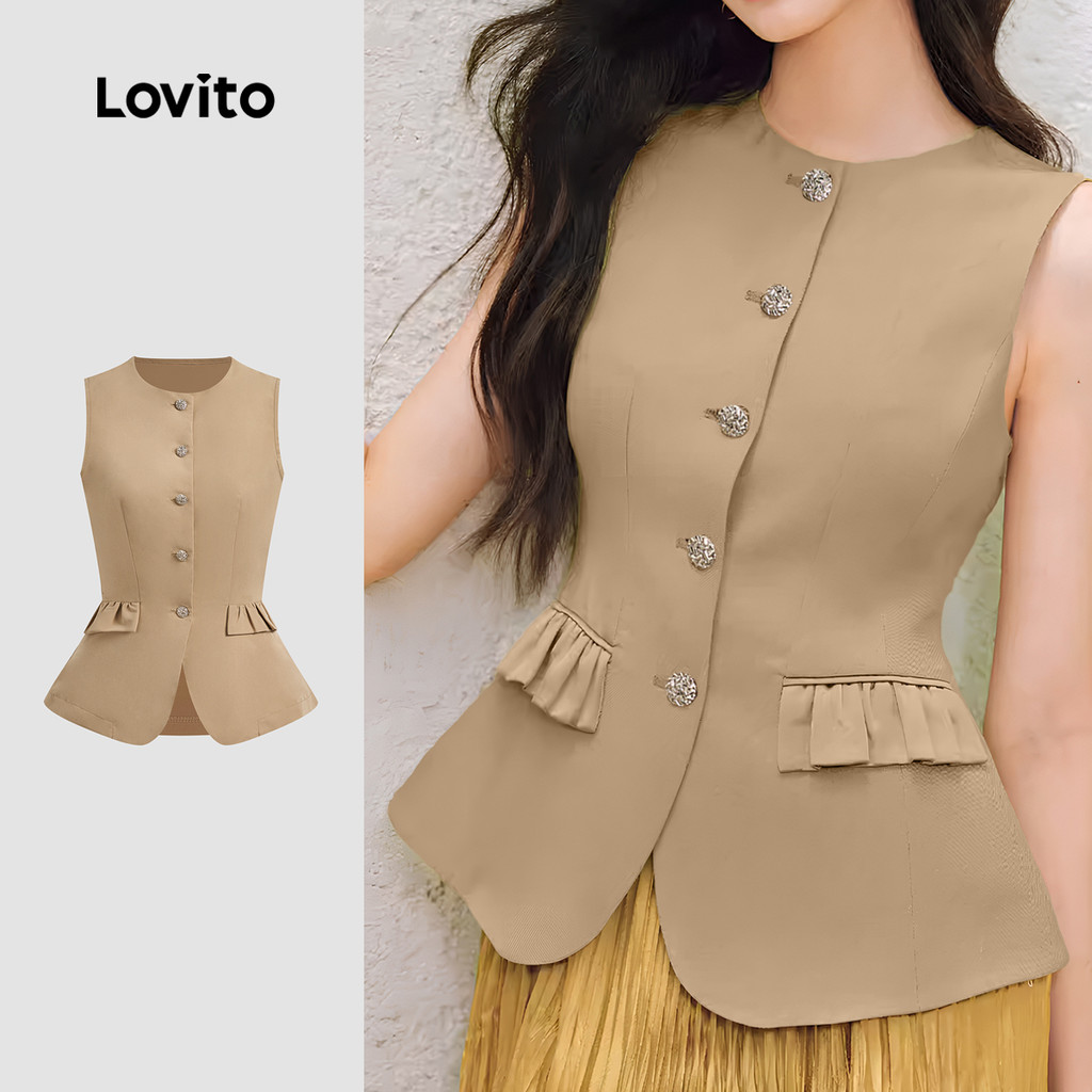 Lovito Blusa Elegante com Bolso Falso  Botão  Primavera/verão  Blusa Caqui para Mulheres L142LD433 em Oferta na Shopee