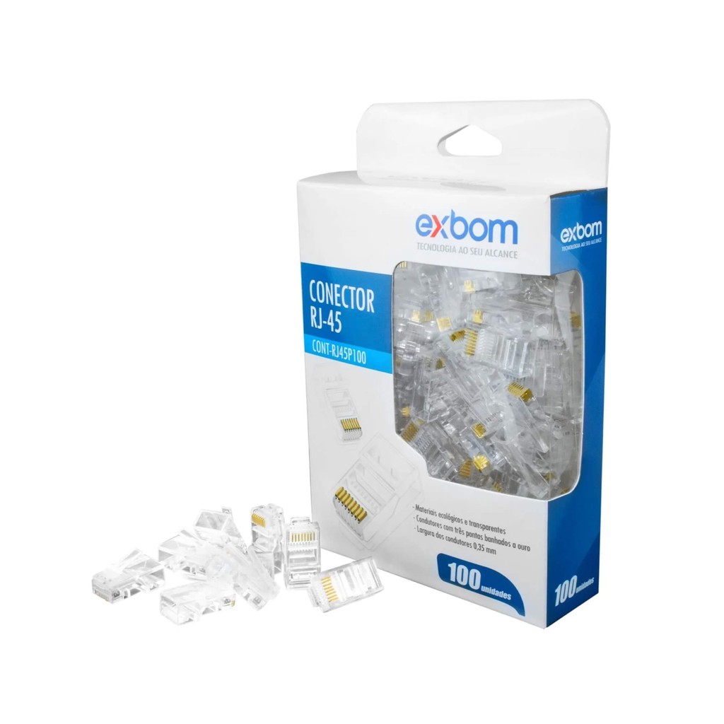 Conector de Rede RJ45 8X8 Macho Pacote c/ 100 unidades CONT-RJ45P100 Exbom Informática em Oferta na Shopee
